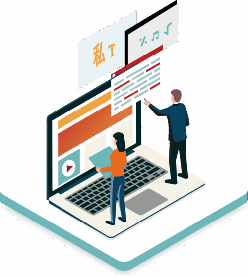 Two people interacting with a laptop displaying multimedia and text content, illustrating digital collaboration using an open source assessment platform.