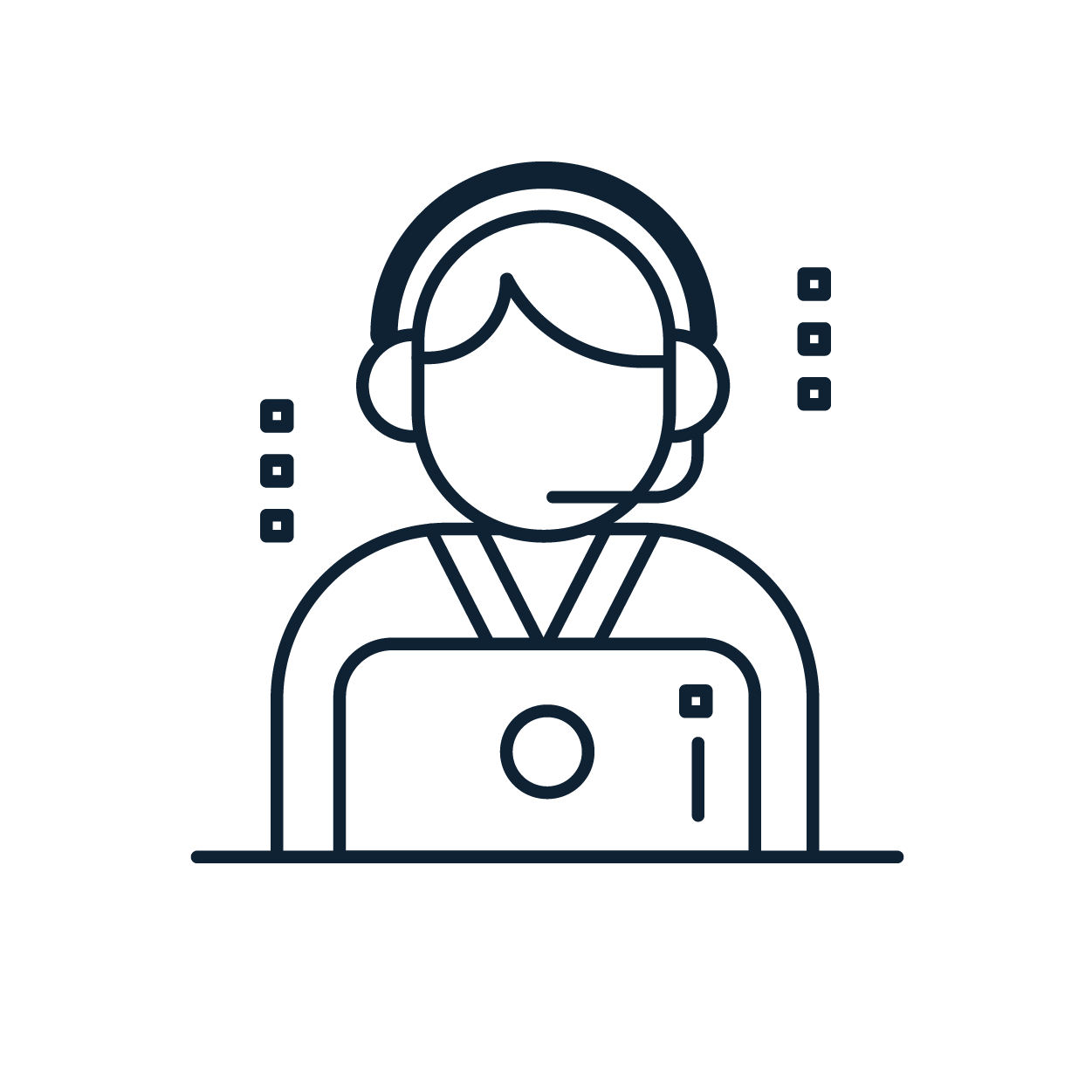 illustrated icon of person in headset with microphone in front of a computer