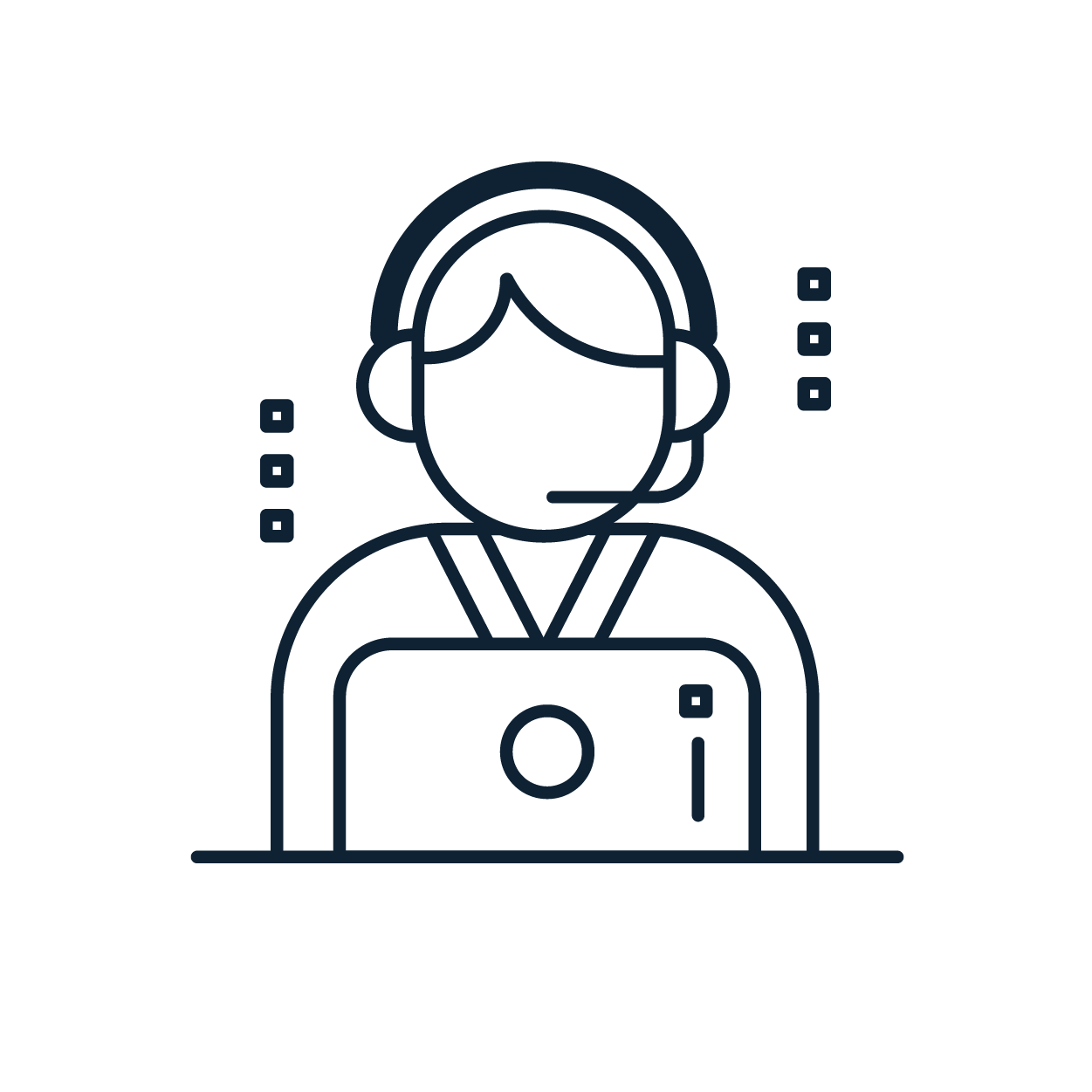 Service Partners illustrated icon of person in headset with microphone in front of a computer