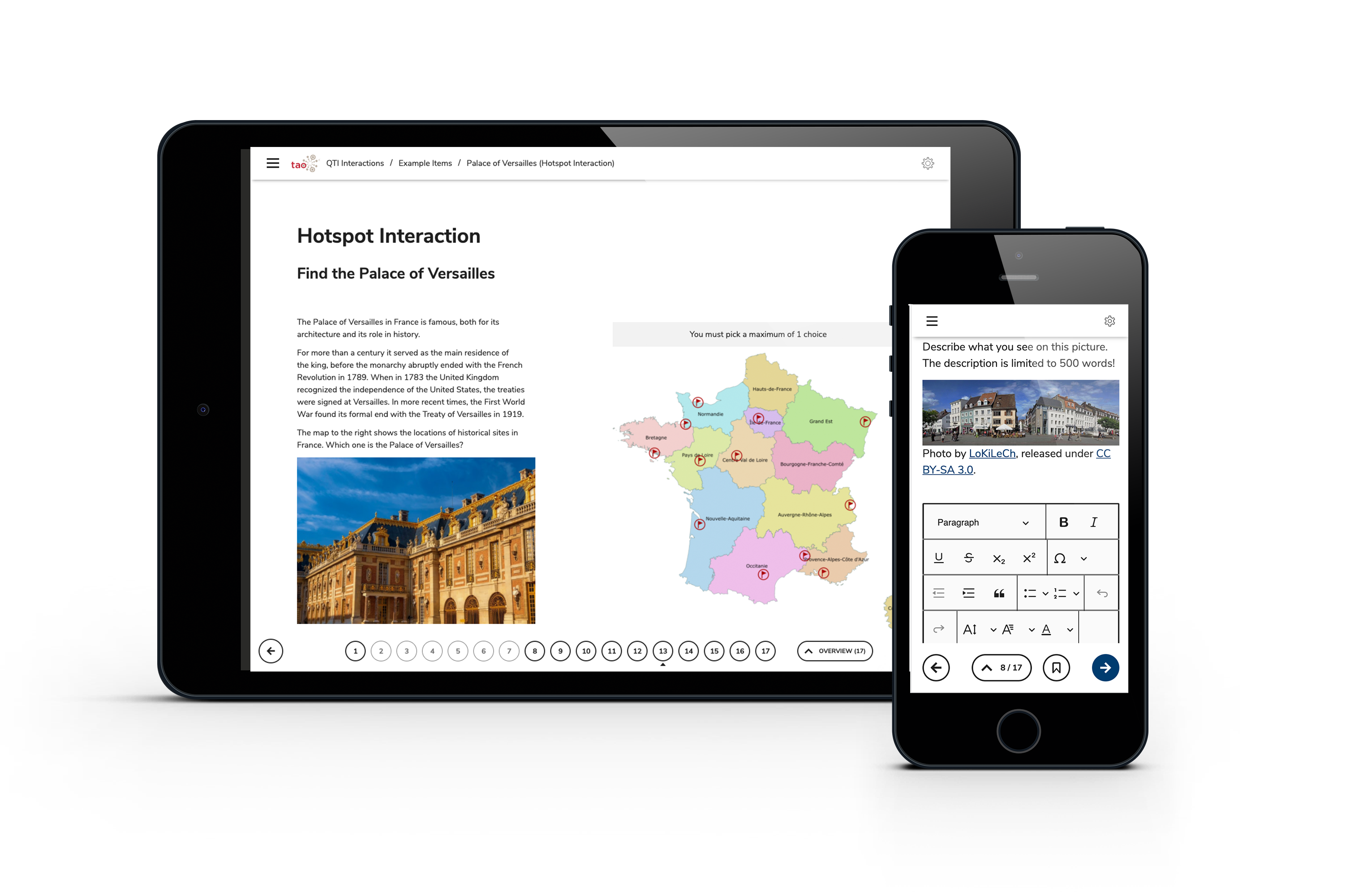 tao-advance-on-tablet-mobile Example of the TAO Advance delivery software interface showing test questions on tablet and mobile