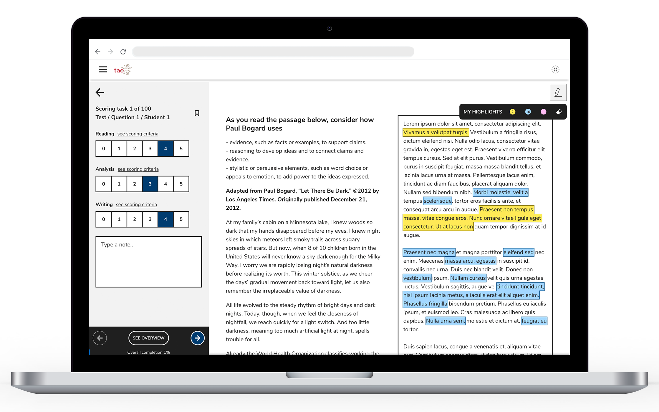 TAO grader for online open response scoring shown on a laptop Le correcteur TAO pour la notation en ligne des réponses ouvertes, présenté sur un ordinateur portable.