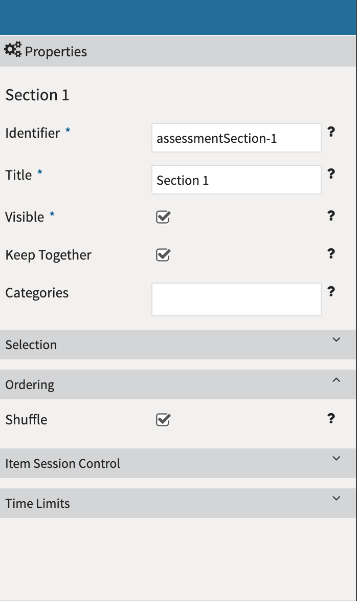 Example of the properties pane in the TAO Test creator