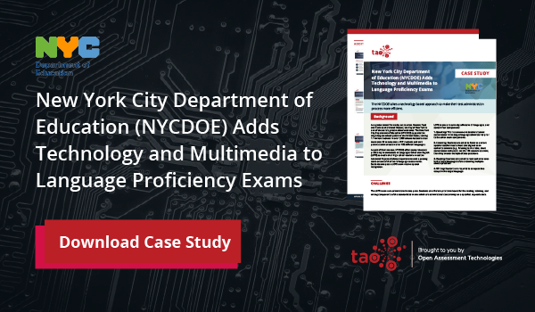 Téléchargez l'étude de cas Le département de l'éducation de la ville de New York (NYCDOE) ajoute la technologie et le multimédia aux examens de compétences linguistiques pour découvrir comment TAO optimise l'évaluation de la petite enfance.