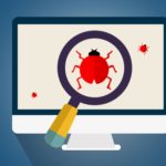 オープンソースの試験ソフトウェアの安全性を示す、バグと虫眼鏡のあるコンピュータ画面のイラスト。