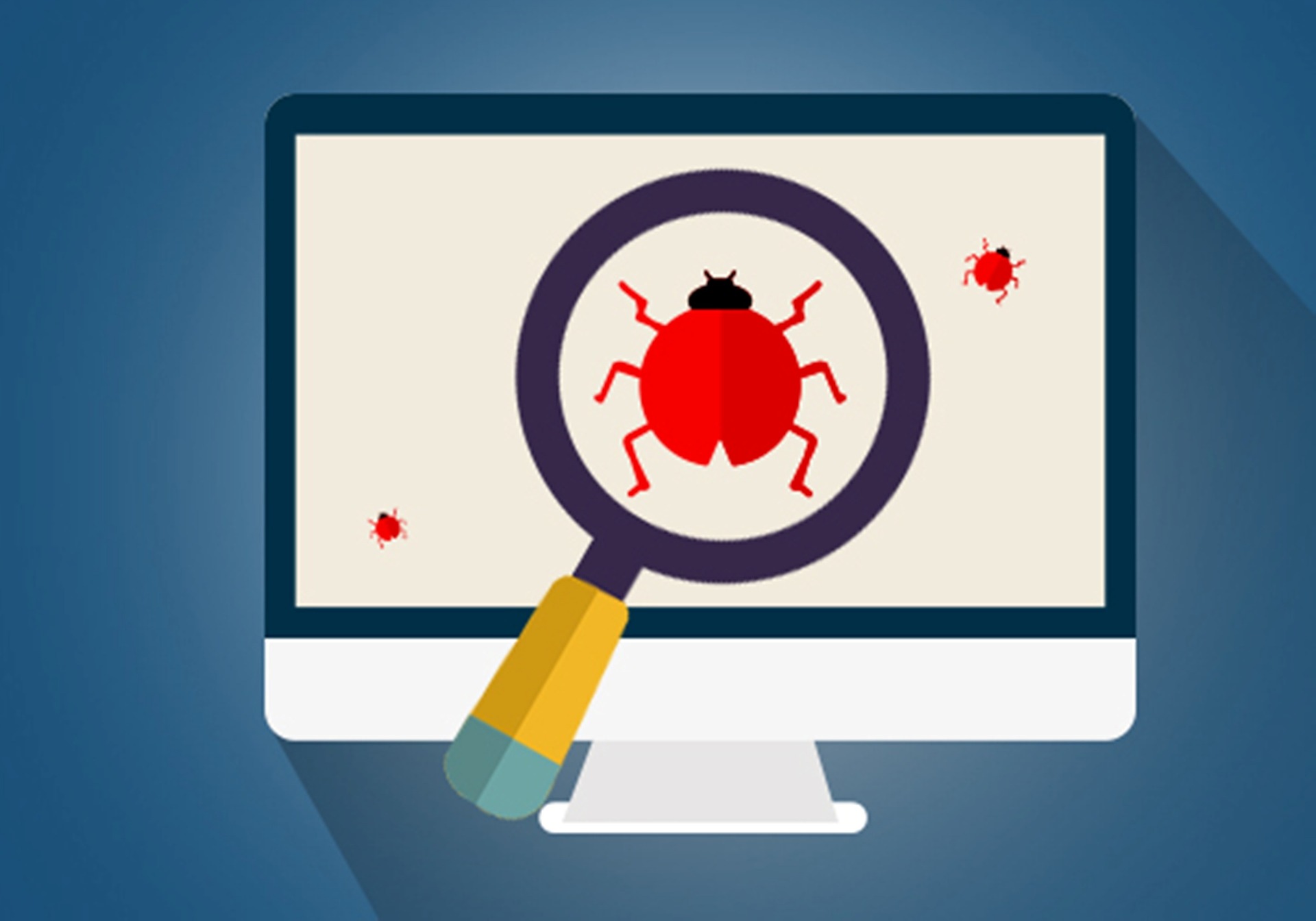 Illustration of computer screen with bug and magnifying glass to show how open source exam software is secured.