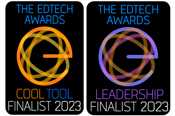 Les badges "Cool Tool" et "Leadership Finalist 2023" des EdTech Awards.