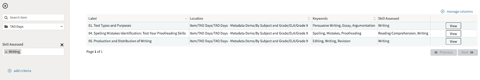 Searching assessment content using metadata information within TAO's digital exam tool