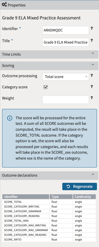 Test with category score enabled based on item metadata in TAO's exam builder tools