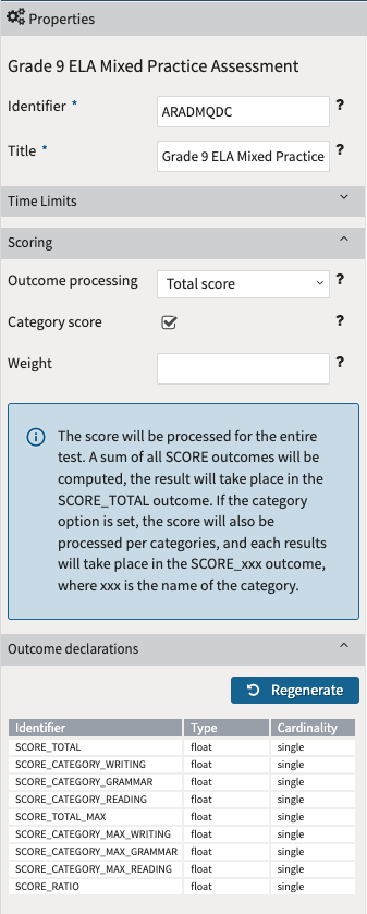 Test avec score de catégorie activé sur la base des métadonnées de l'élément dans les outils de construction d'examen du TAO.