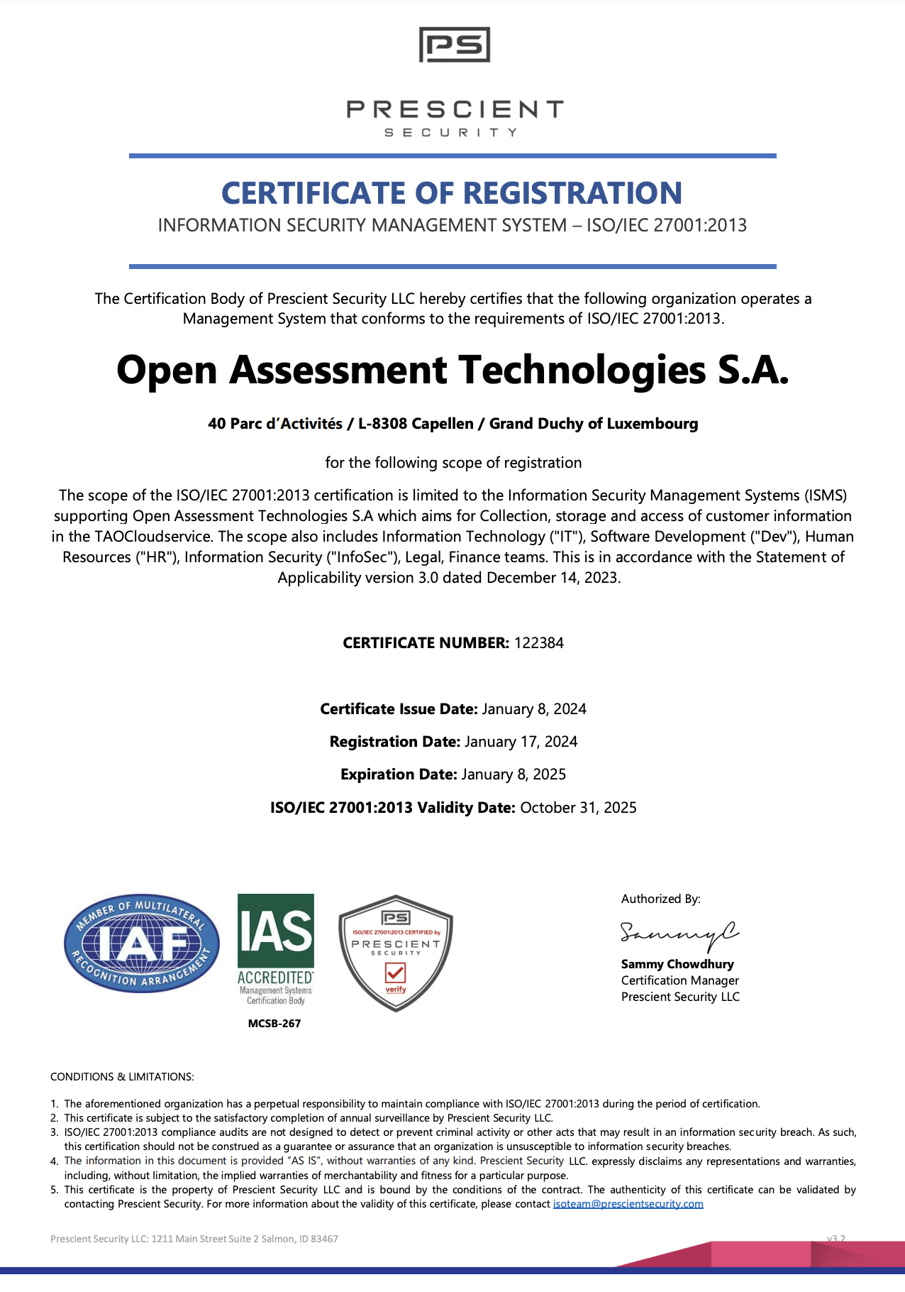 認証機関Prescient Security LLC、IAS、IAS認定によるOATのISO/IEC 27001認証の画像。
