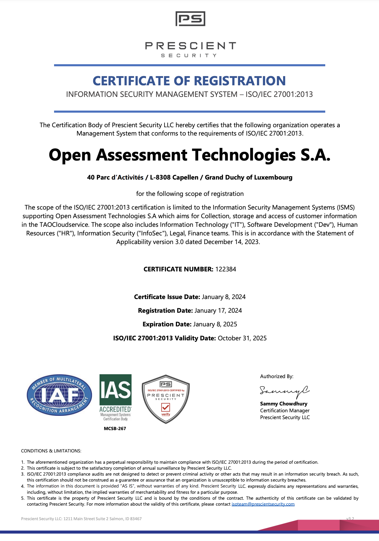 Image de la certification ISO/IEC 27001 d’OAT de l’organisme de certification Prescient Security LLC, IAS, IAS Accredited.