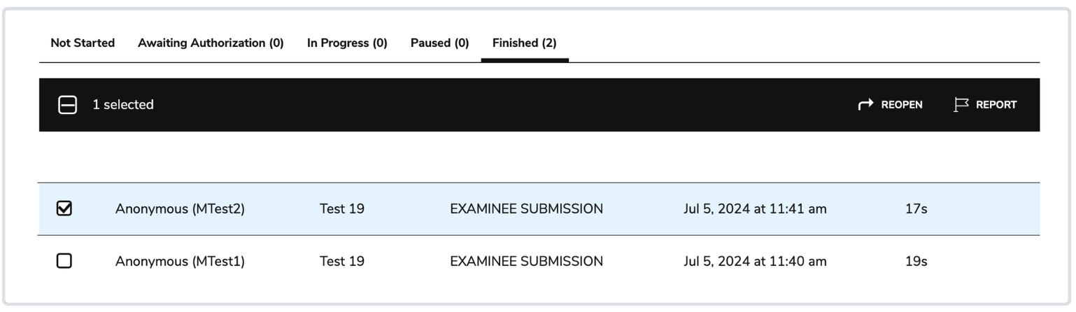 Reapertura de una sesión/denuncia de un examinando