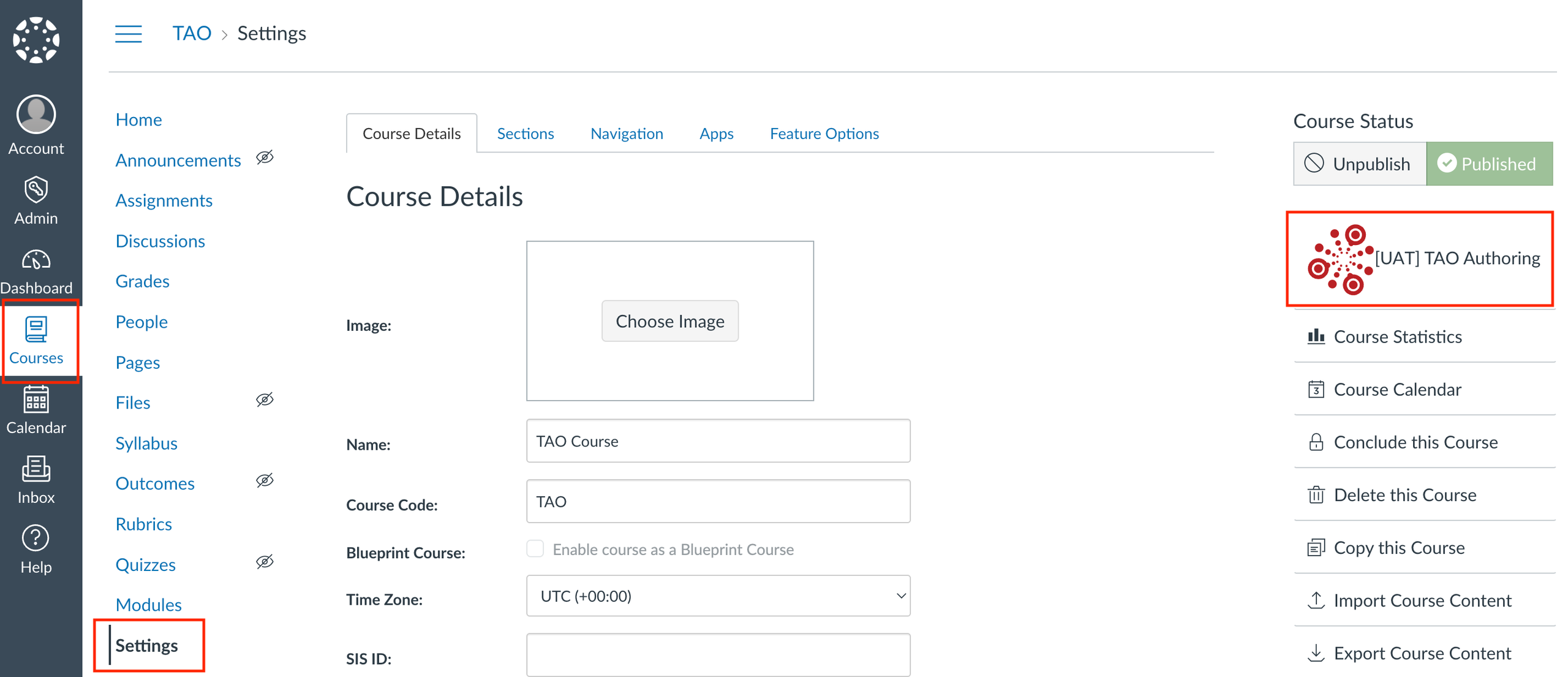 Verwendung des eingebetteten TAO-Authoring-Tools in Canvas LMS über LTI