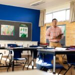 Teacher standing in an empty classroom holding a tablet, showing the concept of creating a curriculum pacing guide