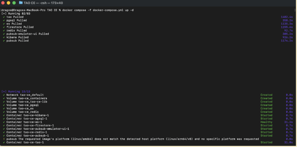 Expected console output showing all volumes started and all containers created. 