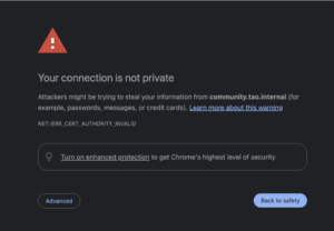 Screenshot of browser warning that "your connection is not private"
