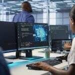 Fachleute, die sichere Systeme und Codes in einer Rechenzentrumsumgebung überwachen, die die Cybersicherheit im Bildungsbereich unterstützt.