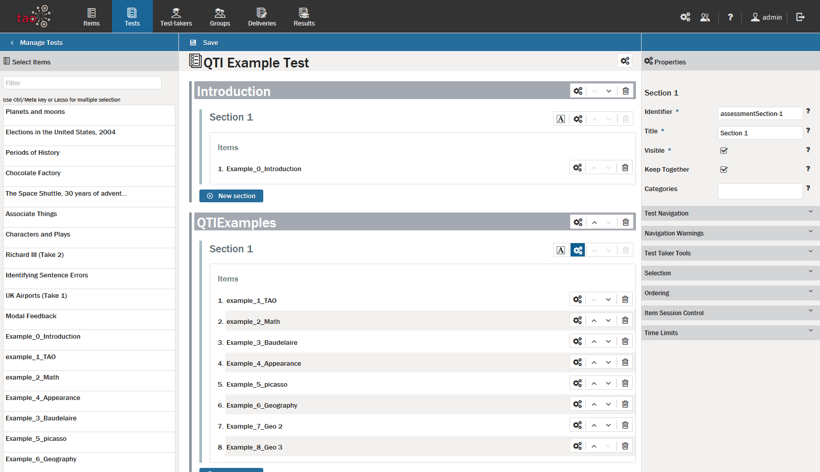 Settings for Test Sections