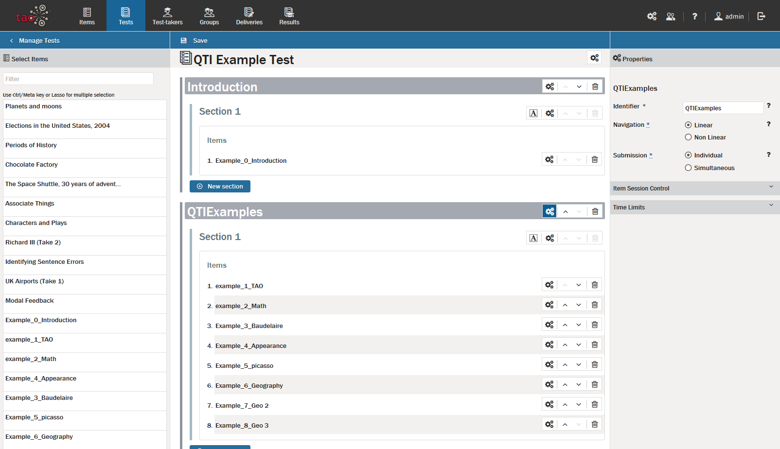 Settings for Test Parts