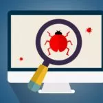 オープンソースの試験ソフトウェアの安全性を示す、バグと虫眼鏡のあるコンピュータ画面のイラスト。