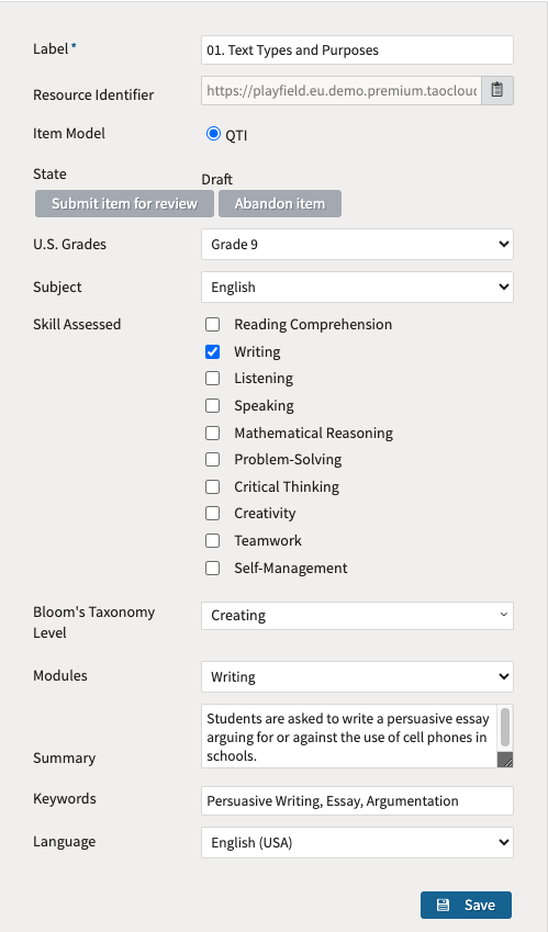 Adding metadata to assessment items using TAO's exam builder testing tools.