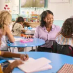 Female Primary Or Elementary School Teacher Helping Students At Desks In Multi-Cultural Class demonstrating the use of assessment tools