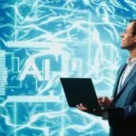 Man standing in front of abstract hologram code holding a laptop demonstrating the concept of the ethical use of AI in education