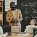 African American teacher explaining new computer program to elementary students while teaching a lesson in the classroom showing the concept of teaching students how to use AI.