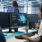 Professionnels chargés de surveiller les systèmes sécurisés et le code dans un environnement de centre de données soutenant la cybersécurité dans le domaine de l'éducation.