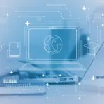 Notebook icon overlaid on photo of a laptop with hands typing on the keyboard, demonstrating the concept of a secure edtech landscape.